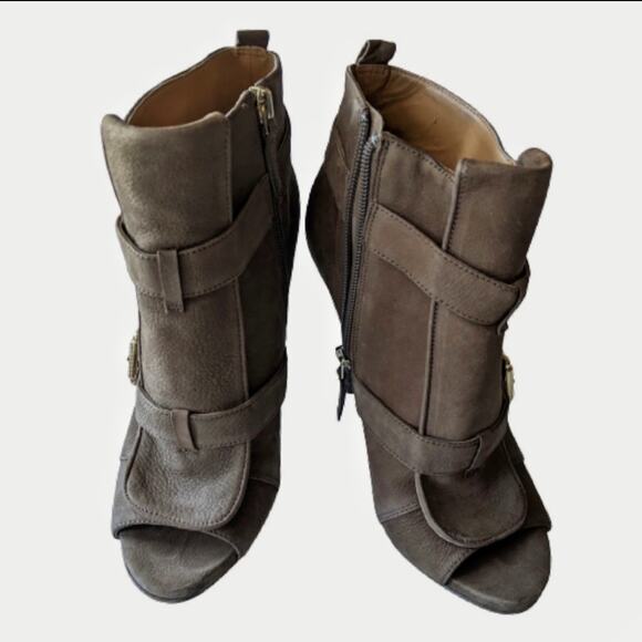 Ultra High Heel Booties, Open-Toe Stiletto, Brown Ankle Boots - Picture 3 of 11